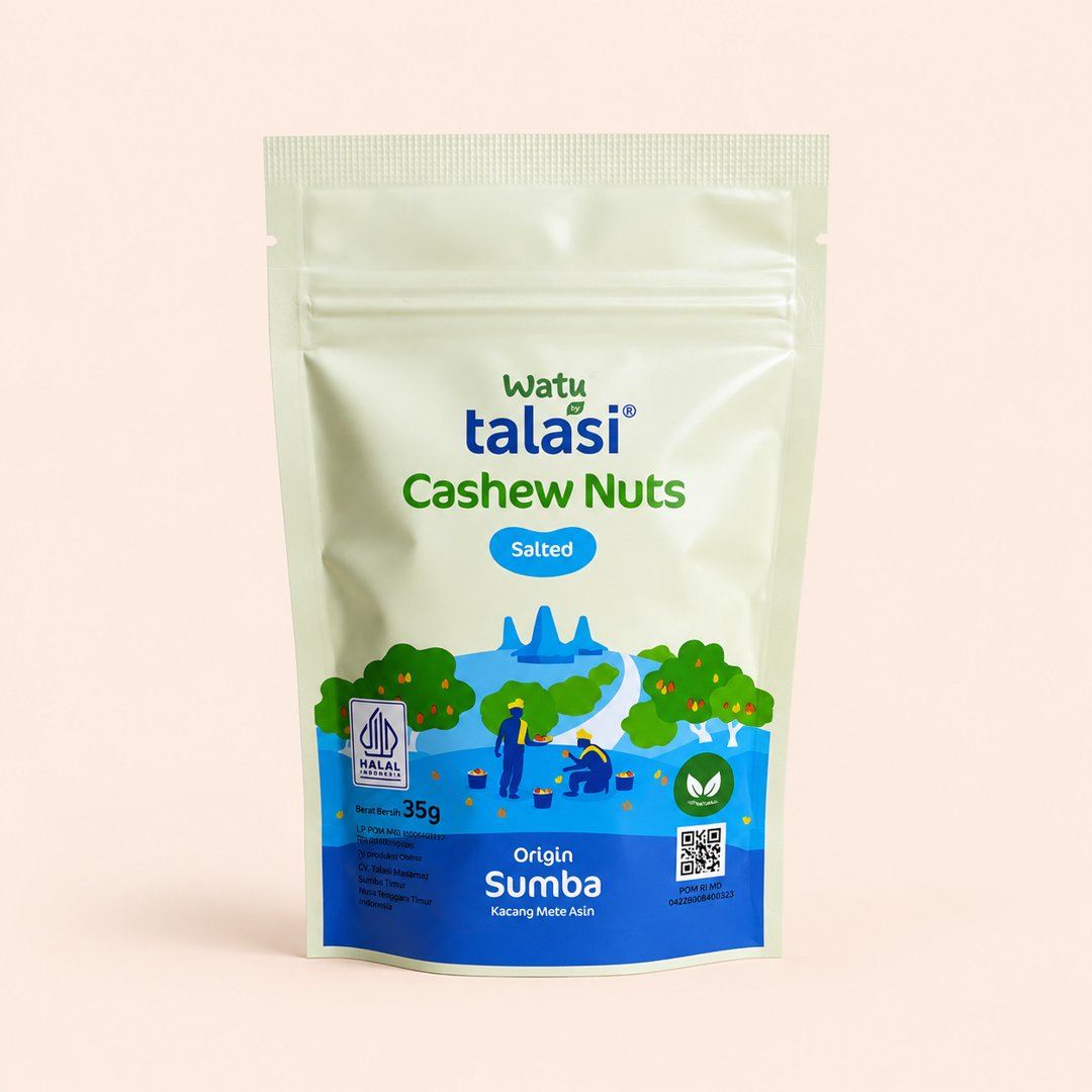 Cover produk Watu Talasi Cashew Nuts Sumba Salted 35g dengan latar krem