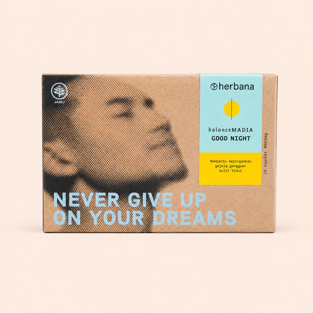 Cover produk Herbana Balance Madia Good Night - Suplemen Tidur Alami 10 Kaplet dengan latar krem