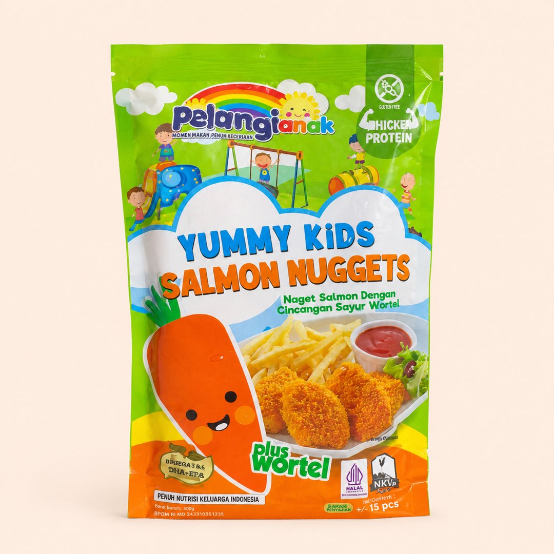 Cover produk Pelangi Anak Yummy Kids Salmon Nuggets - Naget Ikan Gluten Free dengan latar krem