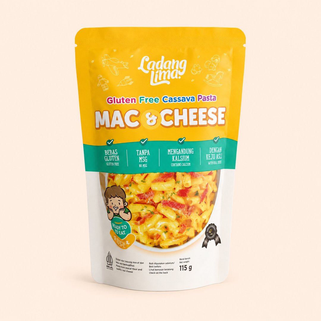 Cover produk Ladang Lima Cassava Pasta Mac & Cheese 115g dengan latar krem