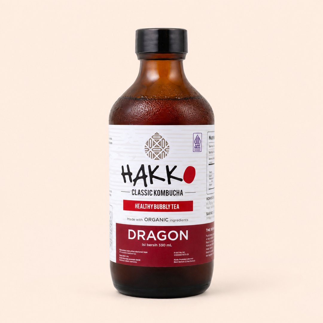Cover produk Hakko Classic Kombucha Dragon Fruit dengan latar krem