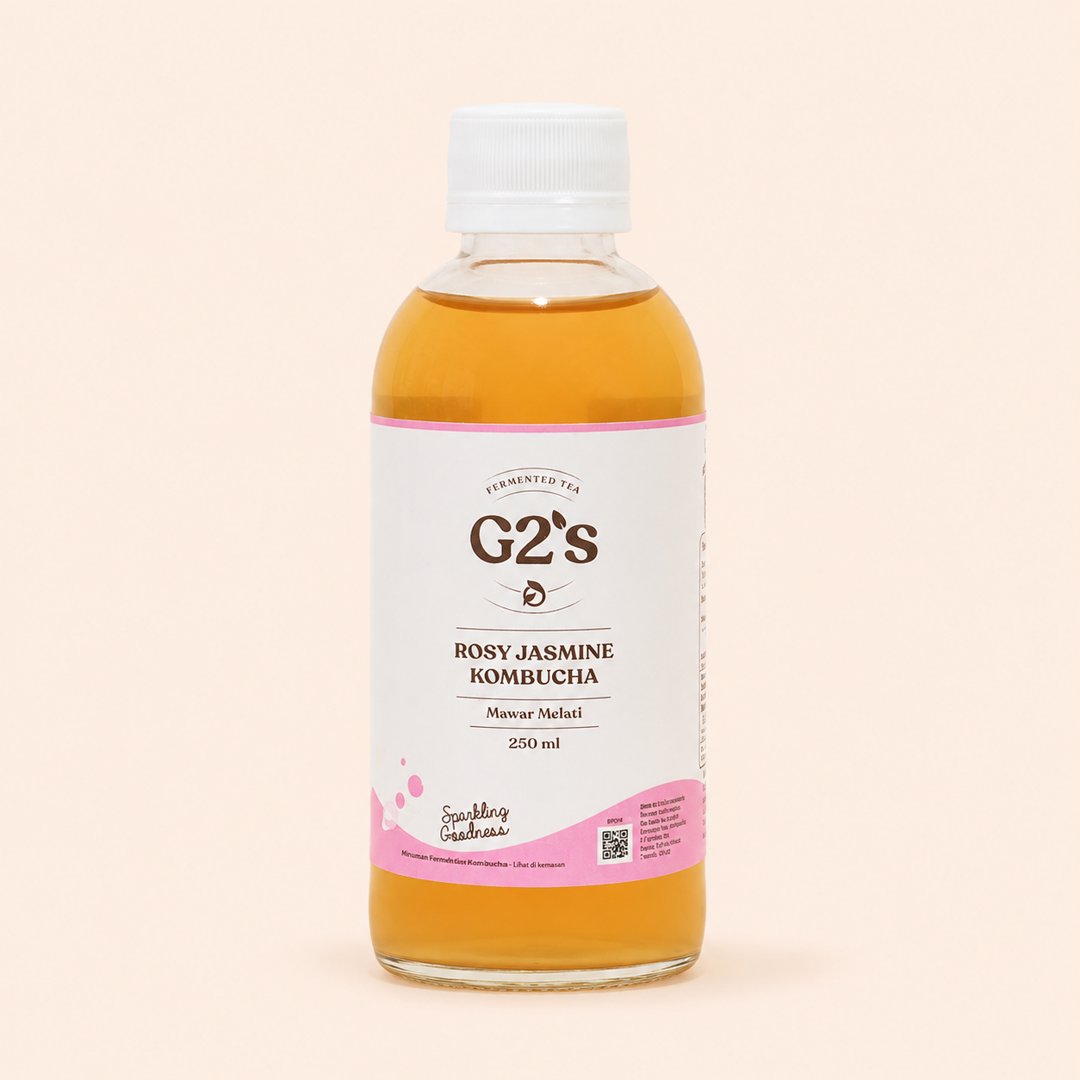 Cover produk G2's Rosy Jasmine Kombucha - Teh Fermentasi Mawar Melati 250ml dengan latar krem