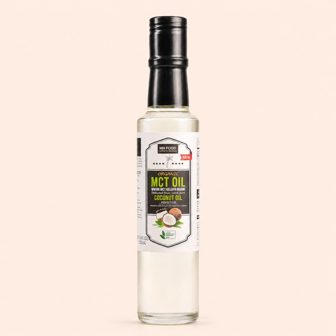 Cover produk MH Food Organic MCT Oil 250ml - Minyak Kelapa Murni Keto Friendly dengan latar krem