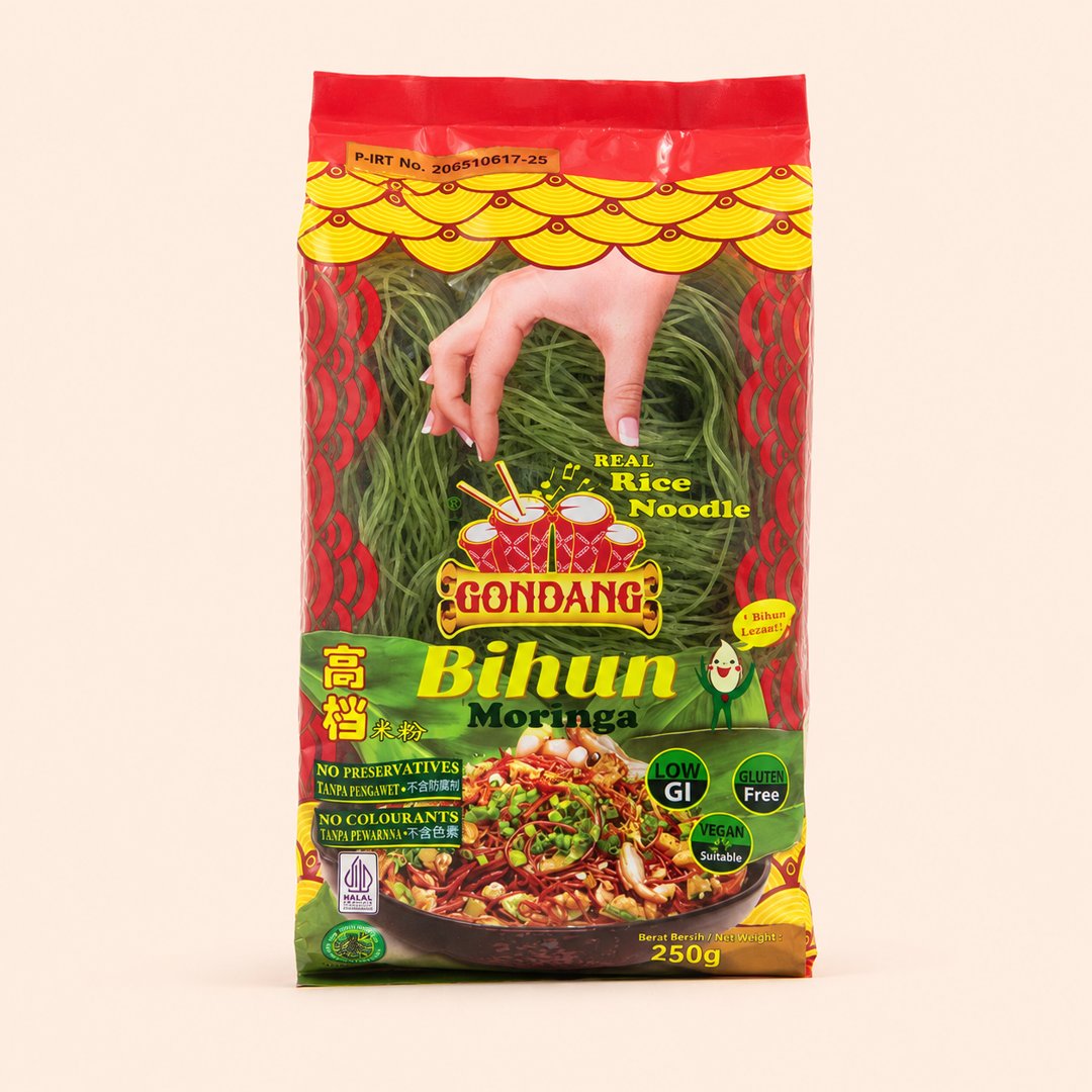 Kemasan Gondang Bihun Moringa 250 gram dengan latar krem.