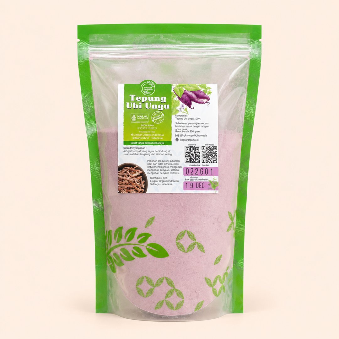 Cover produk Lingkar Organik Tepung Ubi Ungu 500gr - Bahan MPASI & Kue Sehat dengan latar krem