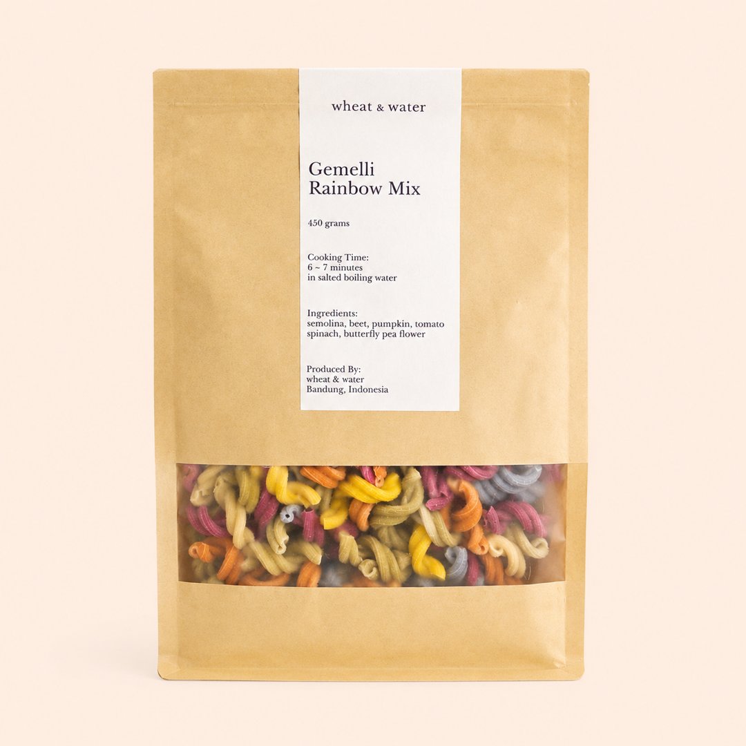 Cover produk Wheat & Water Gemelli Rainbow Mix 450g dengan latar krem