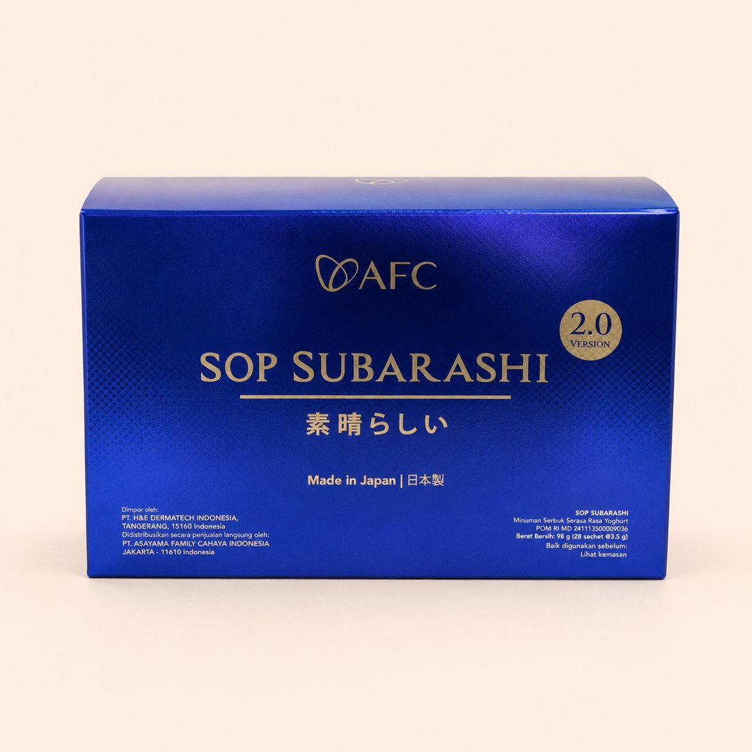 Cover produk AFC SOP Subarashi 2.0 - Suplemen Salmon Ovary Peptide Premium (28 Sachet) dengan latar krem