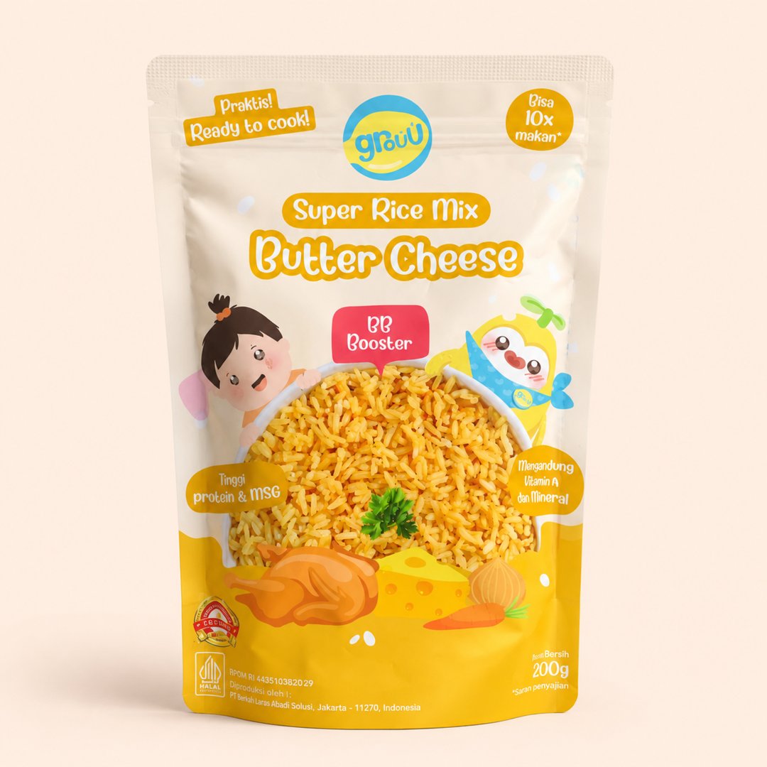Cover produk Grouu Super Rice Mix Butter Cheese BB Booster 200gr dengan latar krem