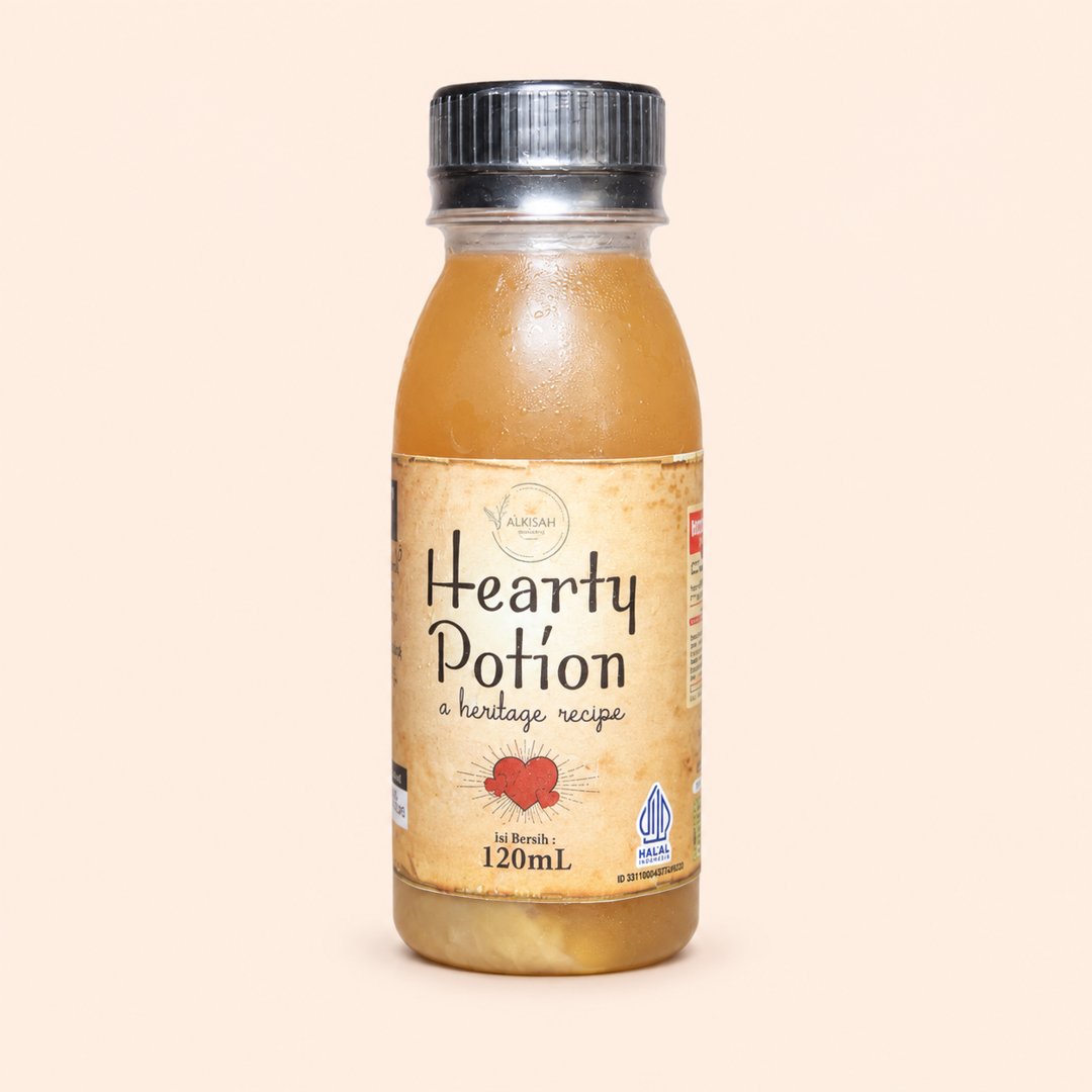 Cover produk Hearty Potion 120ml - Ramuan Herbal Bawang Putih & Jahe Merah dengan latar krem