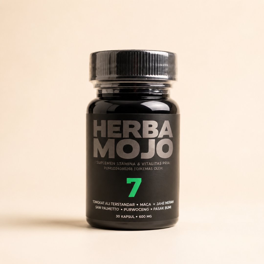 Cover produk Herbana Herba Mojo - Suplemen Stamina & Vitalitas Pria (30 Kapsul) dengan latar krem