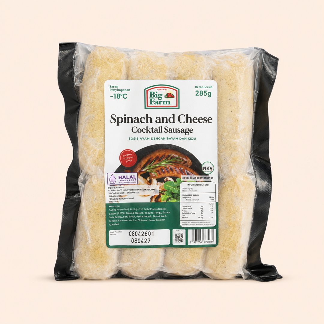 Cover produk Big Farm Spinach and Cheese Cocktail Sausage 285g dengan latar krem