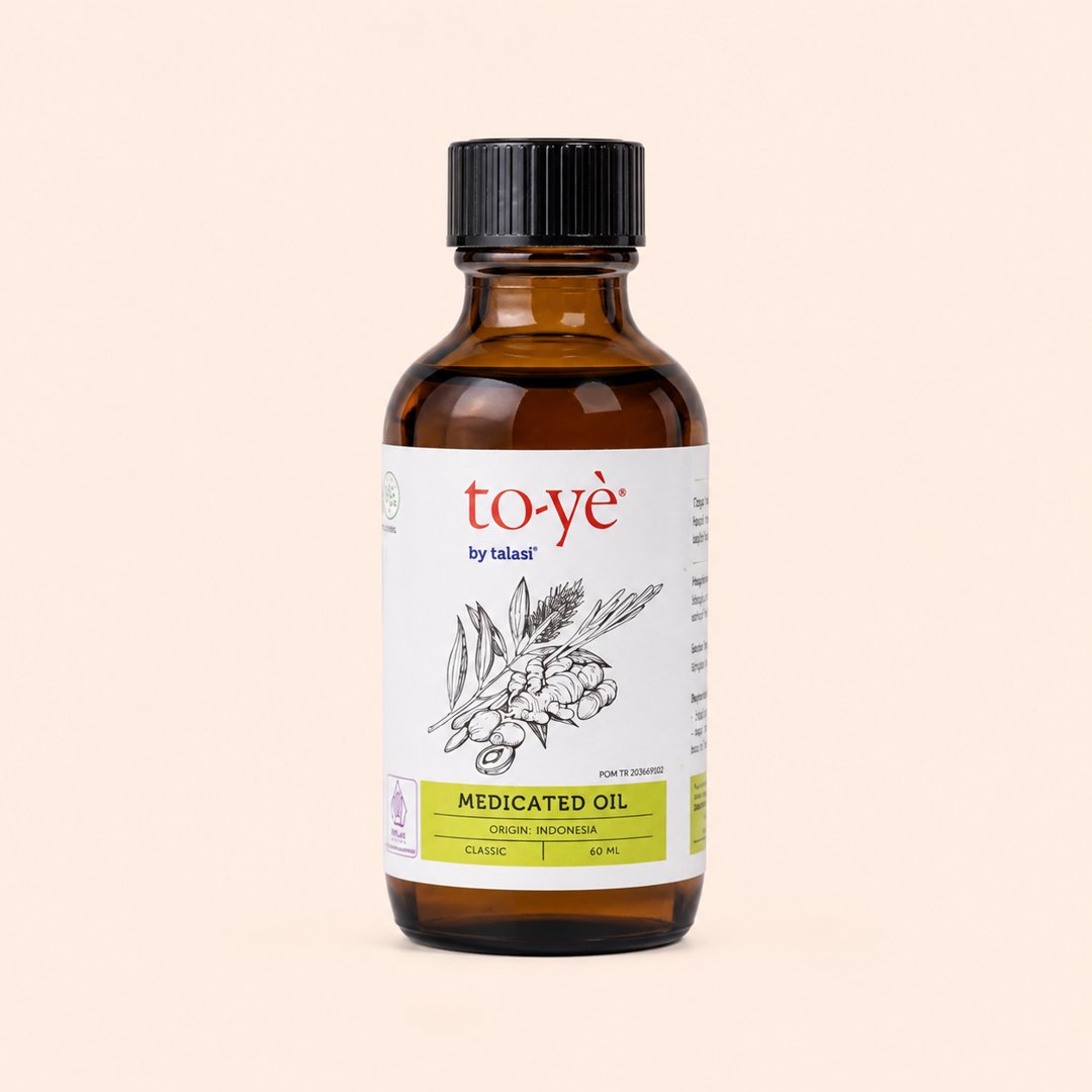 Cover produk Toye Medicated Oil by Talasi - Minyak Gosok & Urut 60ml dengan latar krem