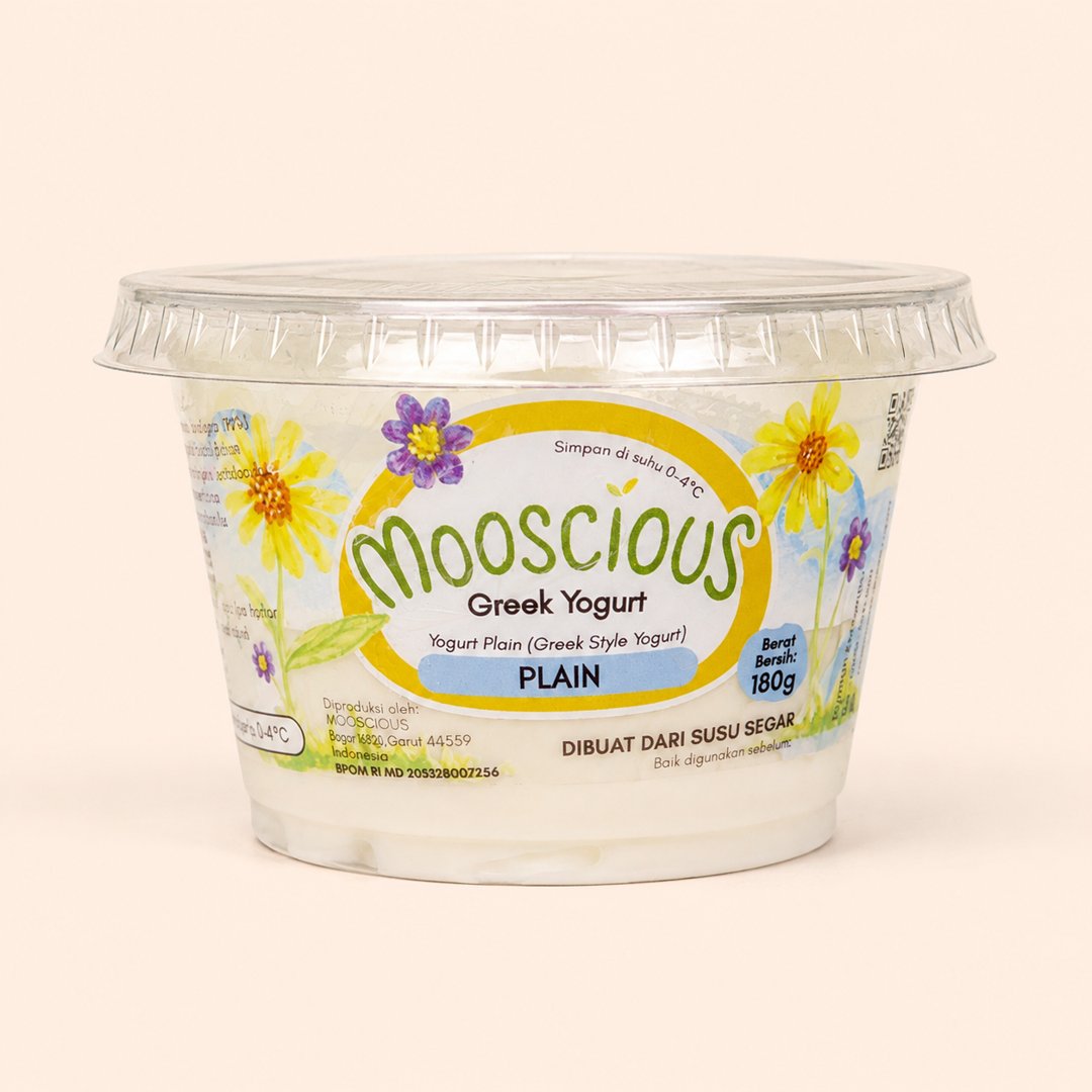 Cover produk Mooscious Greek Yogurt Plain 180g dengan latar krem