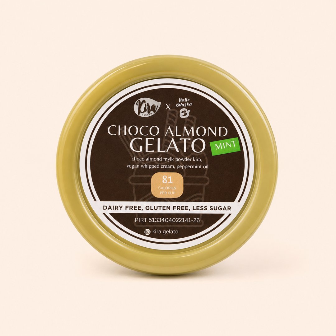 Cover produk Kira Gelato Choco Almond Mint - Low Calorie & Vegan dengan latar krem