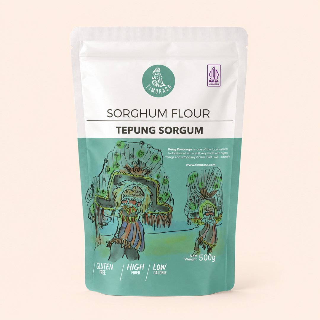 Cover produk Timurasa Tepung Sorgum Gluten Free 500g dengan latar krem
