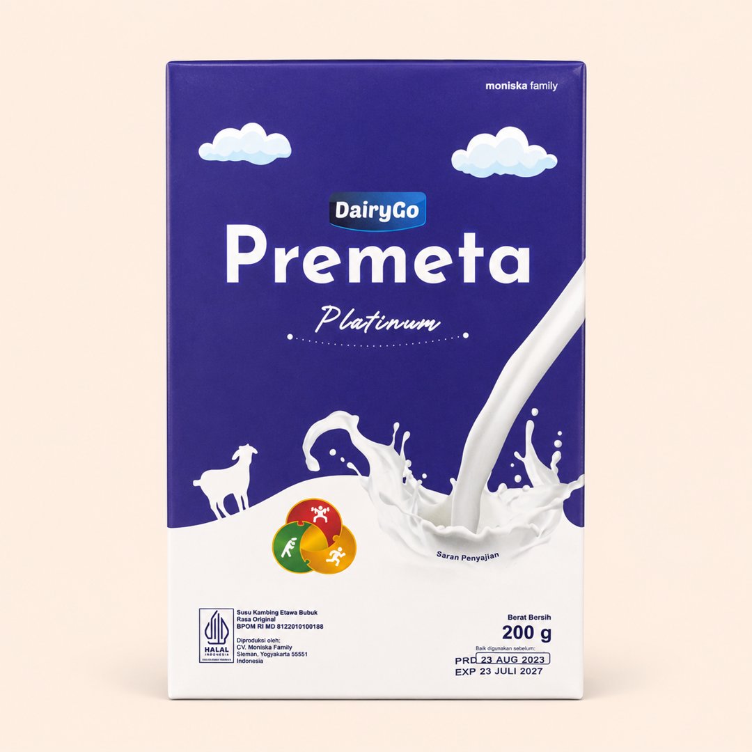 Cover produk DairyGo Premeta Platinum Susu Kambing Etawa Original 200g dengan latar krem
