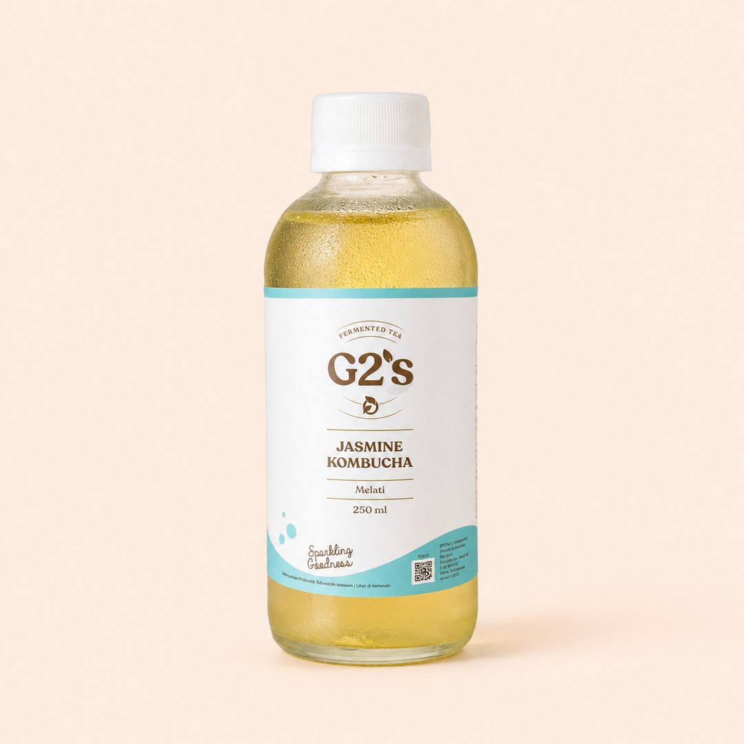 Cover produk G2'S Jasmine Kombucha - Minuman Probiotik Teh Melati 250ml dengan latar krem