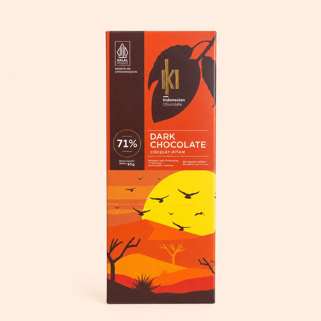 Cover produk Iki Indonesian Chocolate 71% Dark Chocolate 65g dengan latar krem