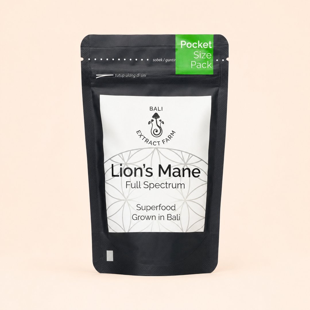 Cover produk Bali Extract Farm Lion's Mane Full Spectrum Mushroom Powder dengan latar krem