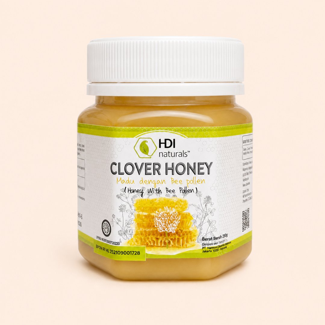 Cover produk HDI Naturals Clover Honey with Bee Pollen 250g dengan latar krem