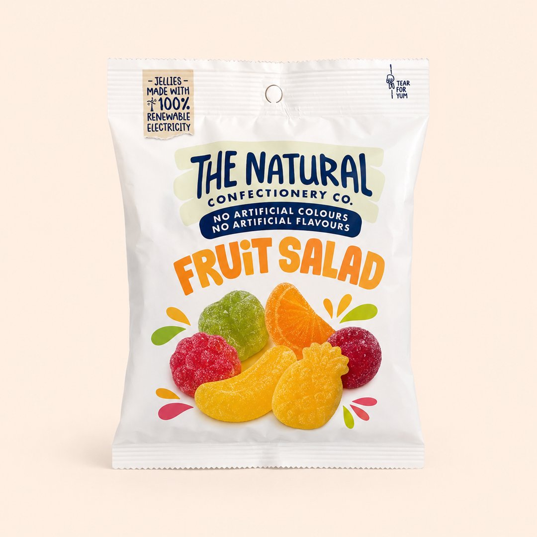 Kemasan Fruit Salad Soft Jellies dengan latar krem.