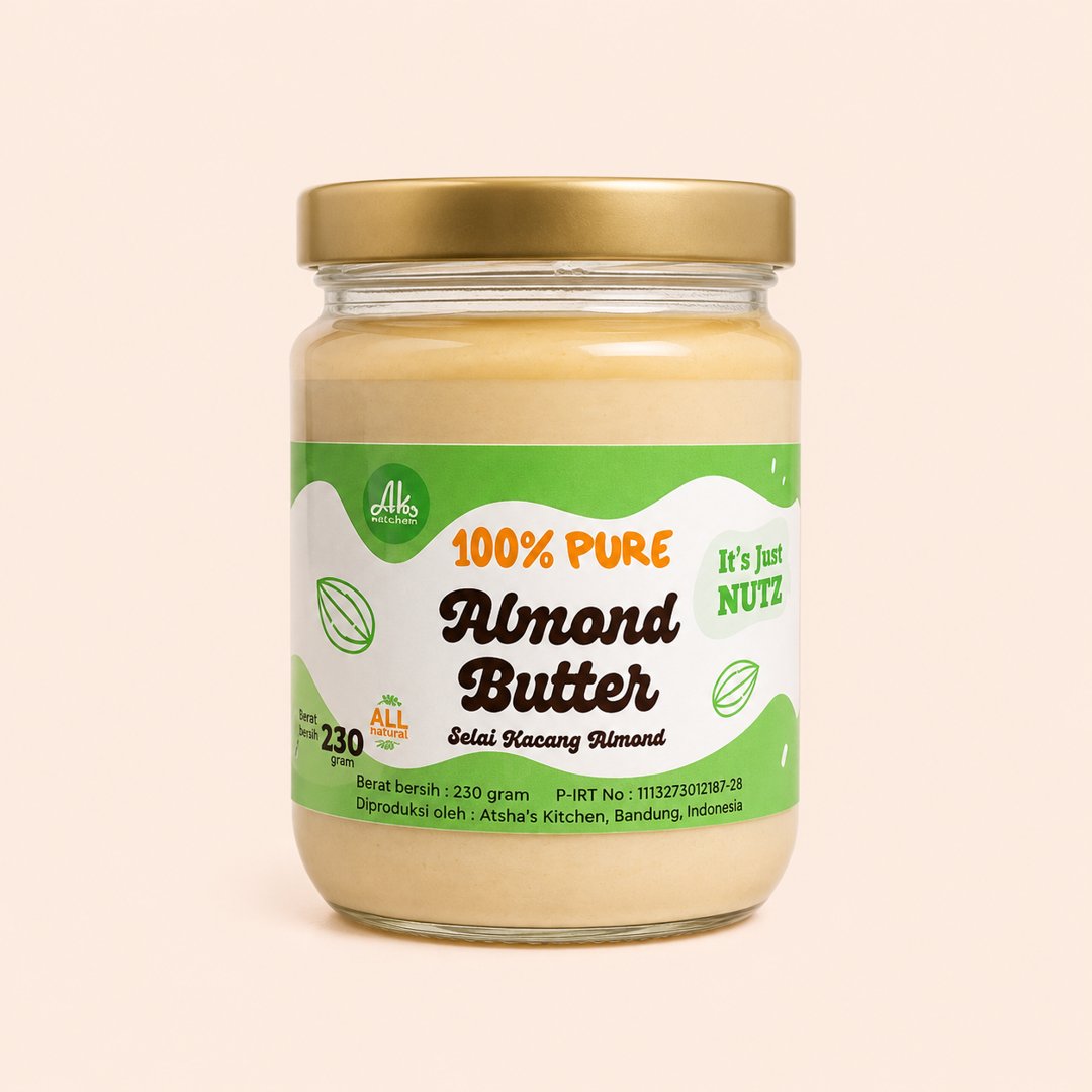 Cover produk Atsha's Kitchen 100% Pure Almond Butter 230gr dengan latar krem