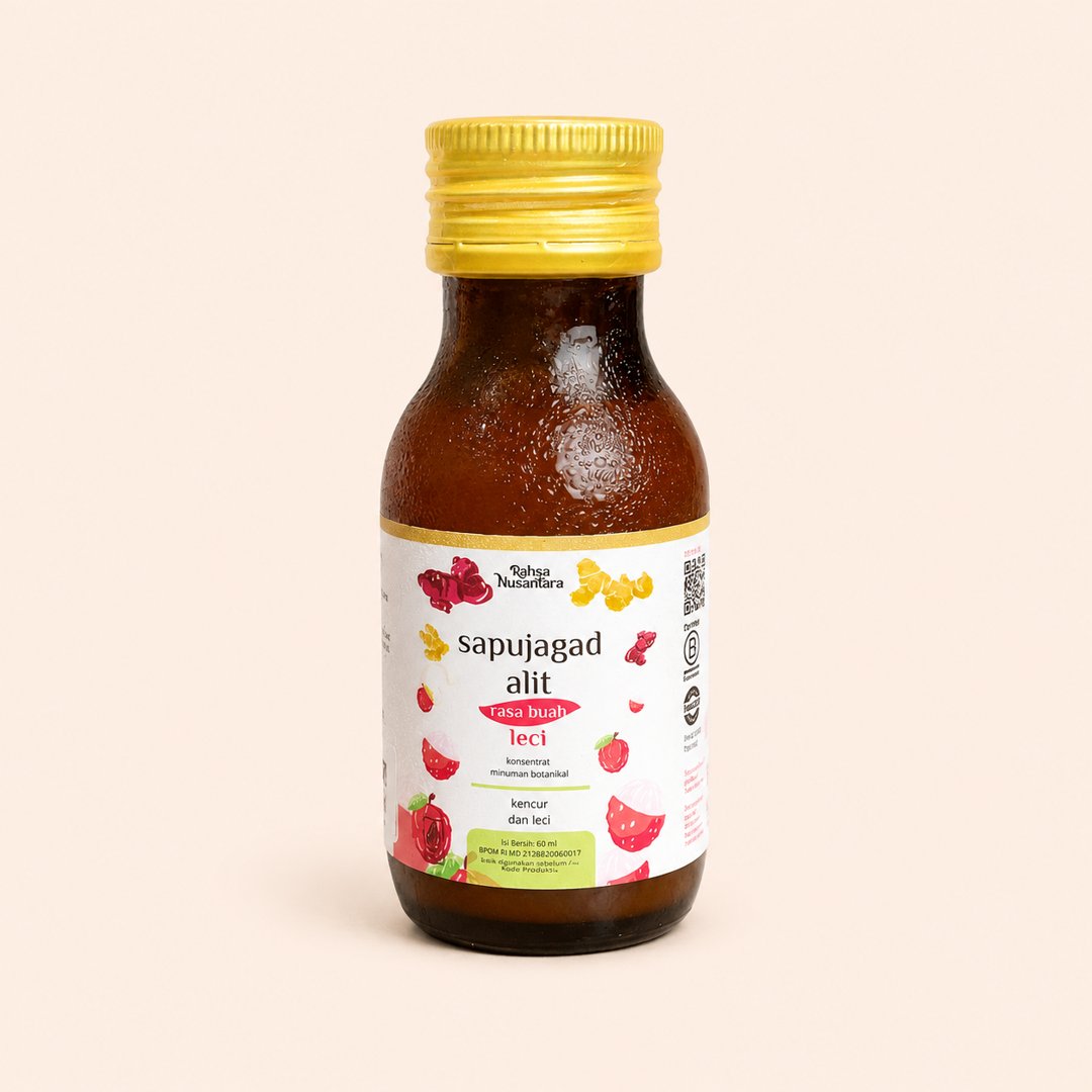 Cover produk Rahsa Nusantara Sapujagad Alit Rasa Buah Leci 60ml dengan latar krem