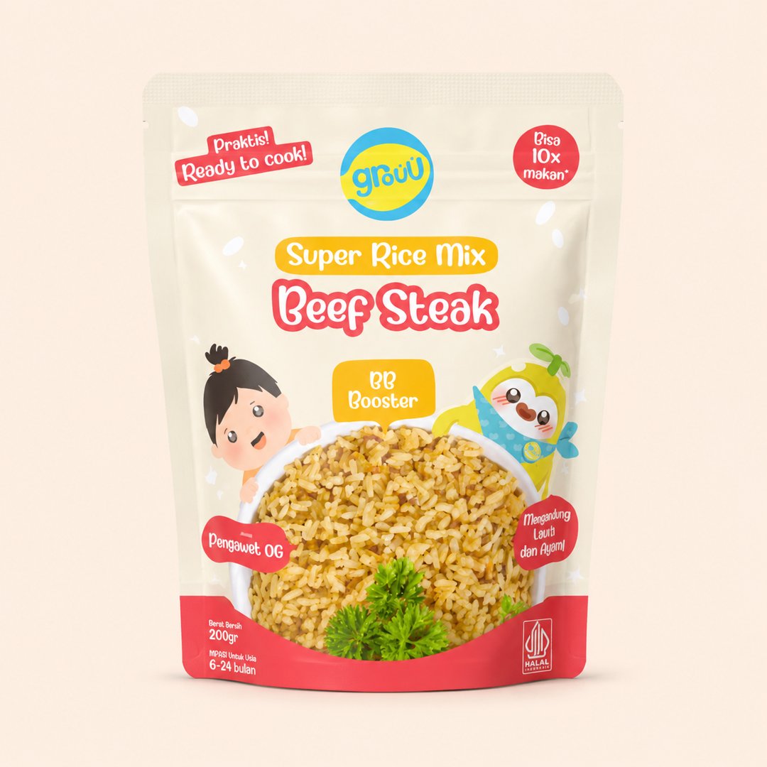 Cover produk Grouu Super Rice Mix Beef Steak BB Booster 200gr dengan latar krem