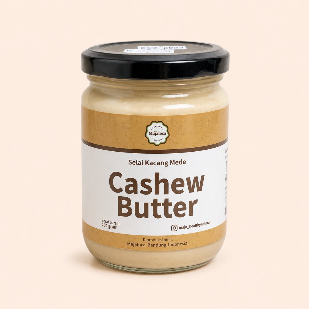 Cover produk Maja Cashew Butter Plain 250g dengan latar krem
