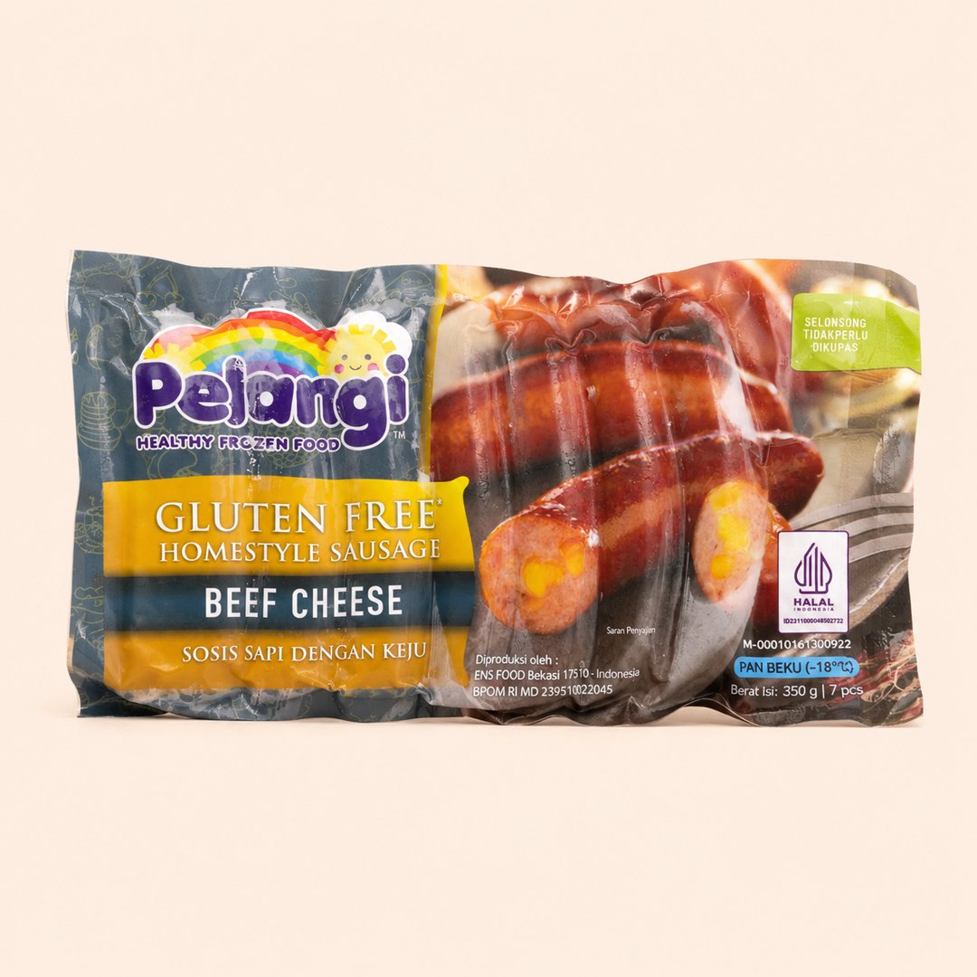 Cover produk Pelangi Beef Cheese Gluten Free Homestyle Sausage 350g dengan latar krem