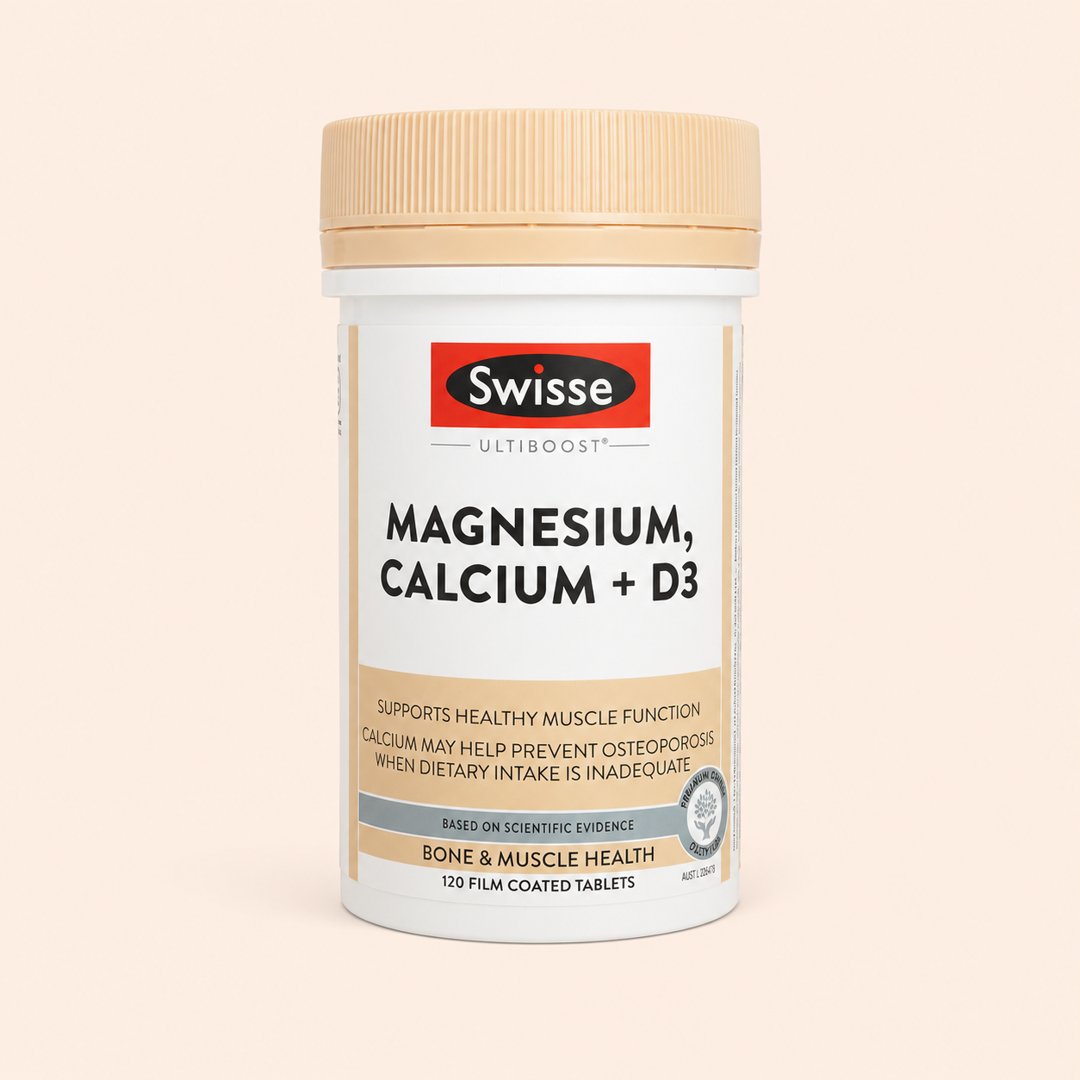 Cover produk Swisse Ultiboost Magnesium, Calcium + D3 - 120 Tablet dengan latar krem
