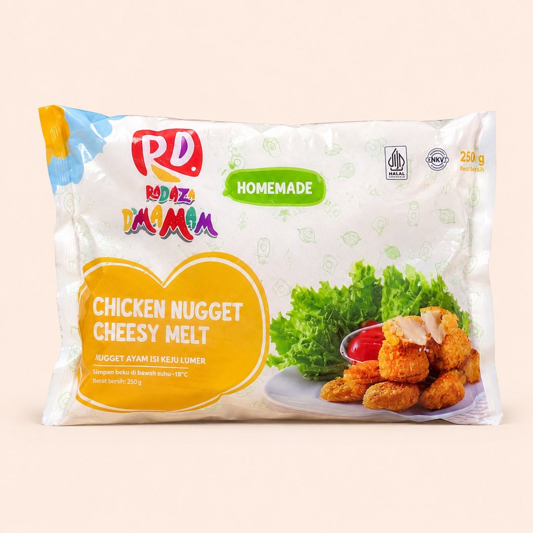 Cover produk D'Mamam Chicken Nugget Cheesy Melt 250g - Nugget Ayam Isi Keju Lumer dengan latar krem