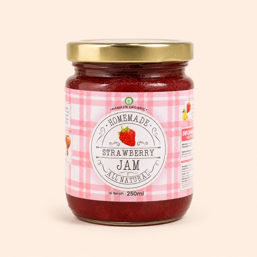 Cover produk Namaste Organic Homemade Strawberry Jam 250ml dengan latar krem