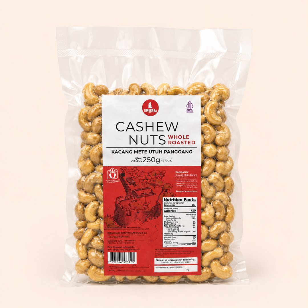 Cover produk Timurasa Cashew Nuts Whole Roasted 250g - Kacang Mete Utuh Panggang Premium dengan latar krem
