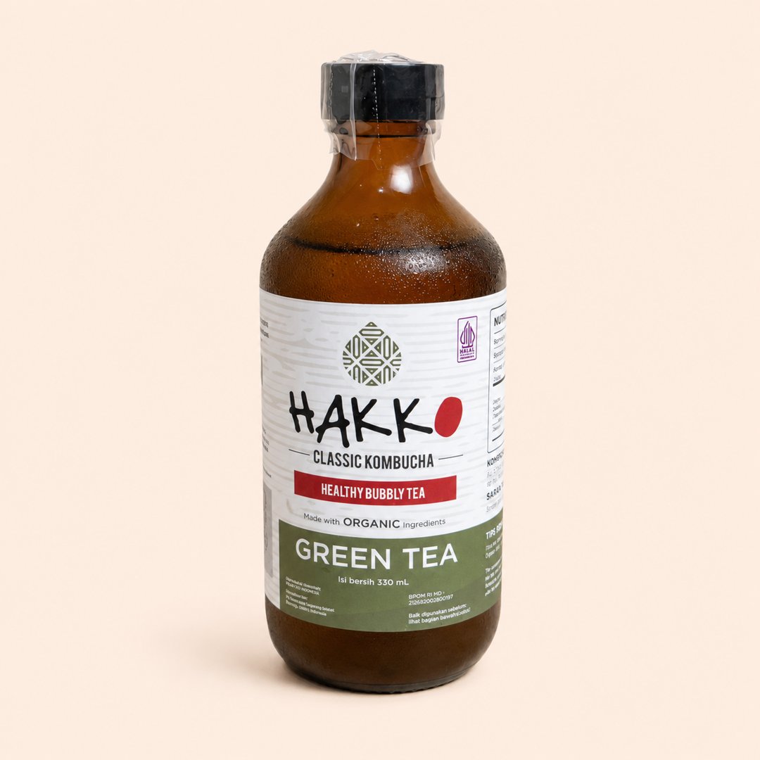 Cover produk Hakko Classic Kombucha Green Tea dengan latar krem