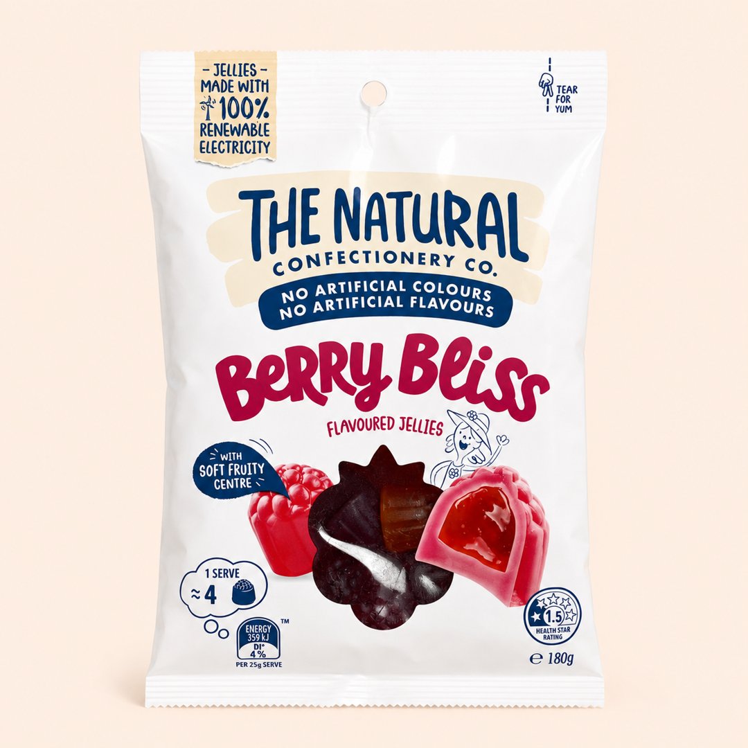 Kemasan Berry Bliss Jellies 180 gram dengan latar krem.