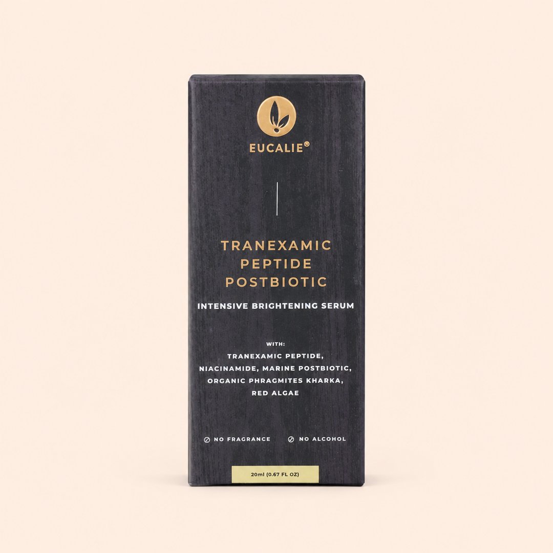 Cover produk Eucalie Intensive Brightening Serum Tranexamic Peptide & Postbiotic 20ml dengan latar krem