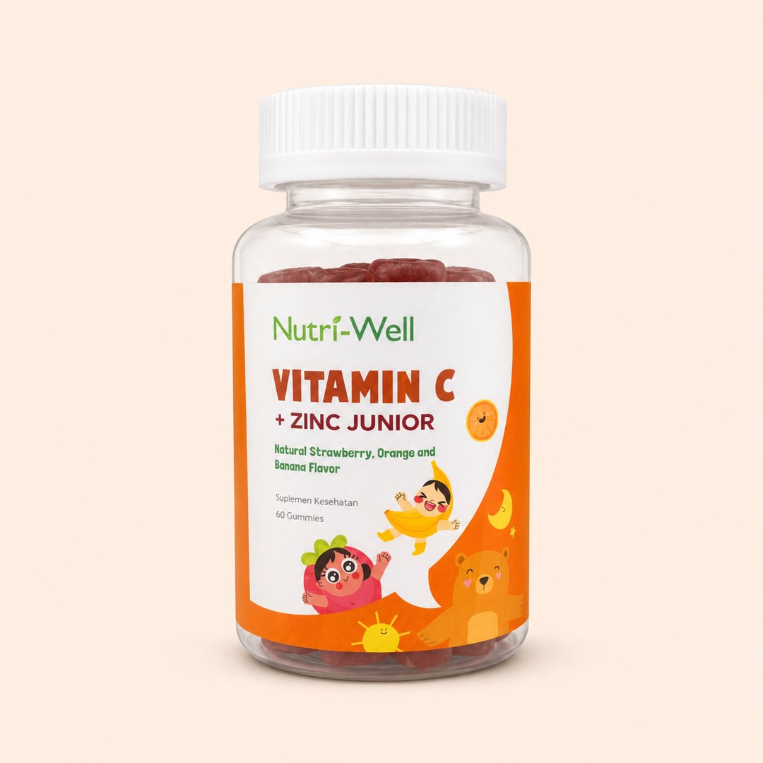 Cover produk Nutri-Well Vitamin C + Zinc Junior 60 Gummies dengan latar krem