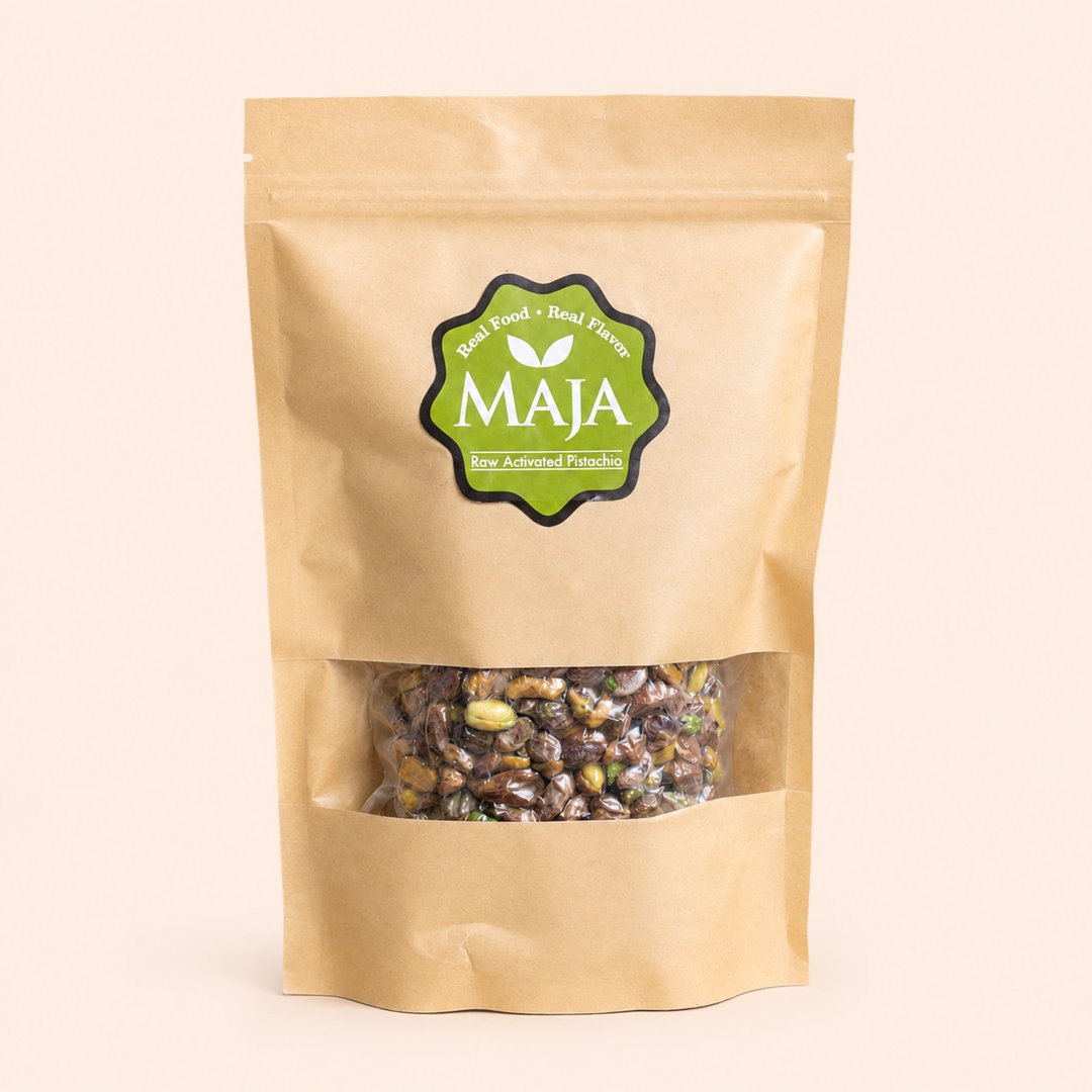 Cover produk Maja Raw Activated Pistachio Nuts 250gr dengan latar krem