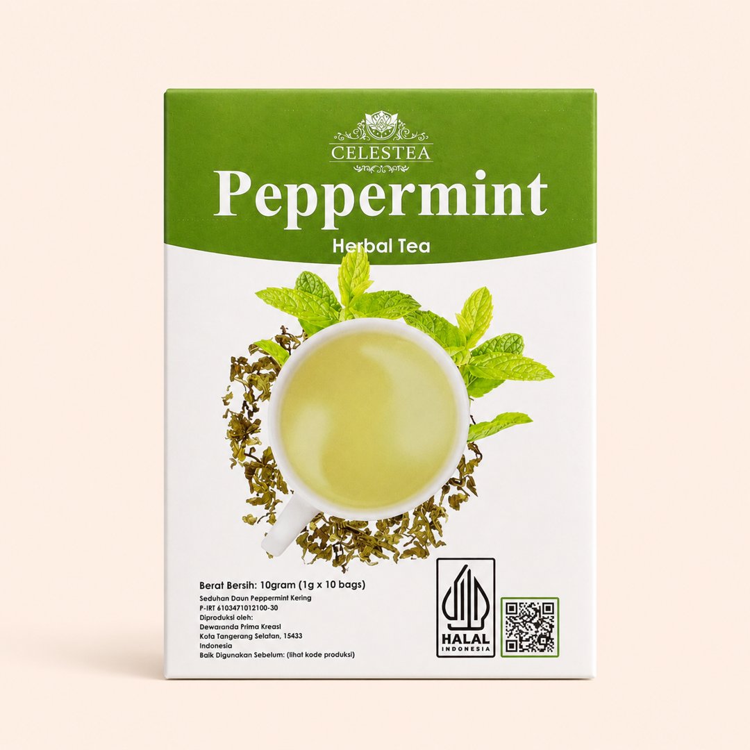 Cover produk Celestea Peppermint Herbal Tea Artisan 10 Tea Bags dengan latar krem