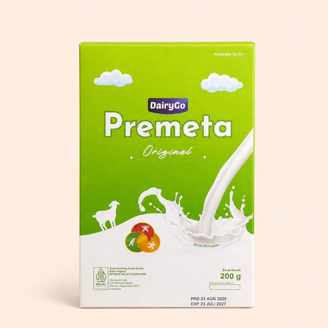 Cover produk DairyGo Premeta Susu Kambing Etawa Bubuk Original 200g dengan latar krem