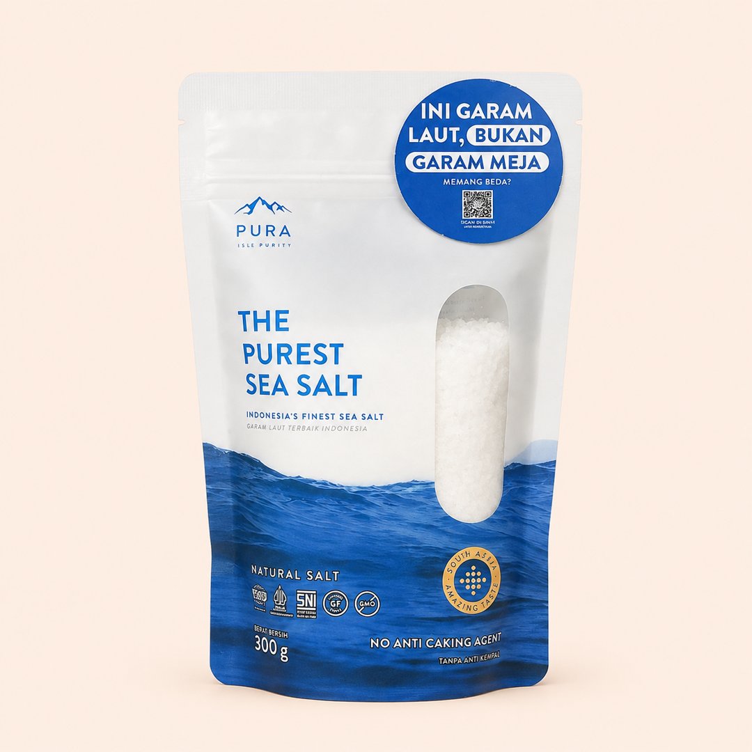 Cover produk Pura The Purest Sea Salt Fine 300g - Garam Laut Alami Madura dengan latar krem