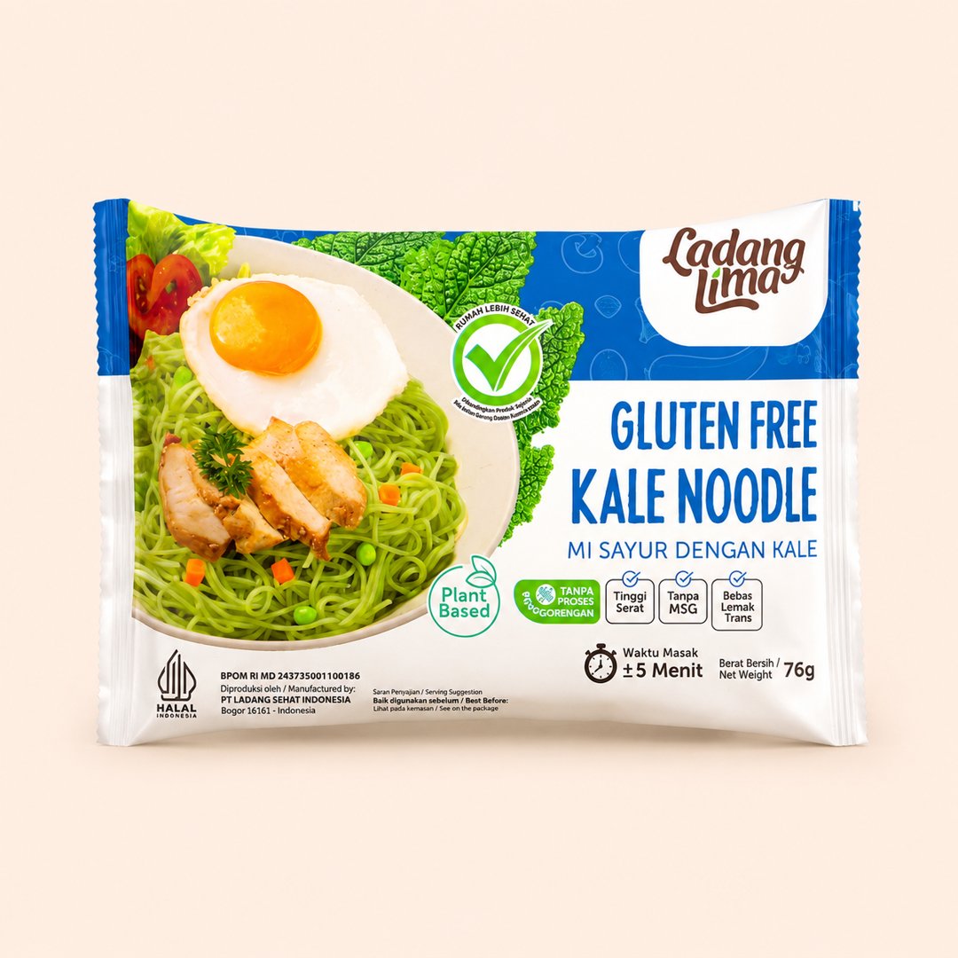 Cover produk Ladang Lima Gluten Free Kale Noodle - Mi Instan Sayur Sehat 76g dengan latar krem