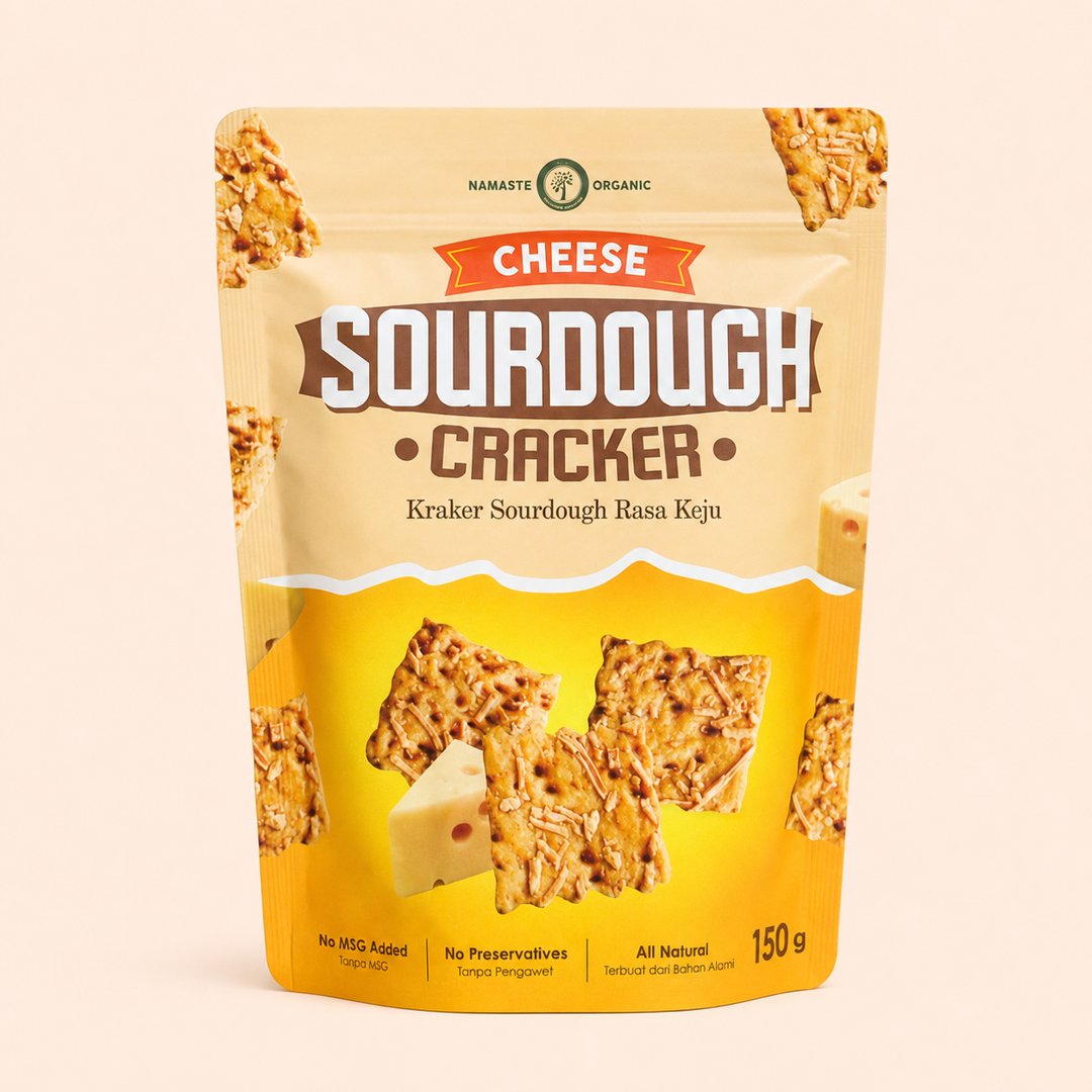Cover produk Namaste Organic Cheese Sourdough Crackers 150gr dengan latar krem