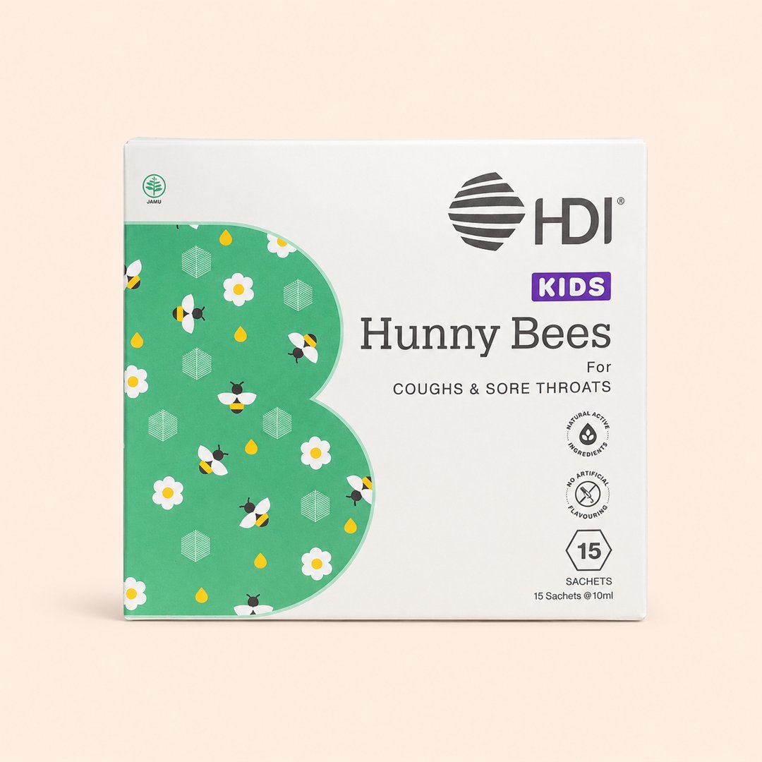 Cover produk HDI Kids Hunny Bees - Madu Herbal Batuk & Tenggorokan Anak dengan latar krem