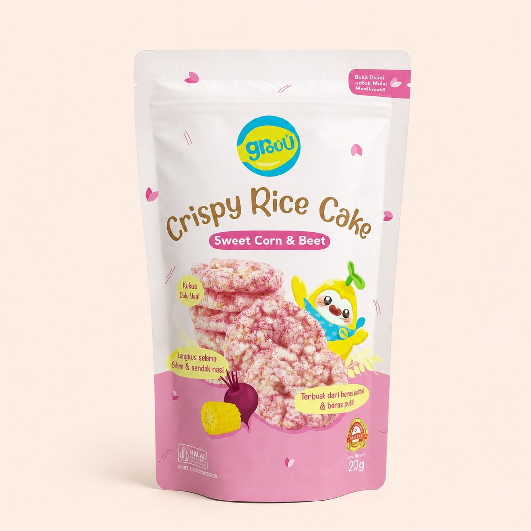 Cover produk Grouu Crispy Rice Cake Sweet Corn & Beet 20g dengan latar krem