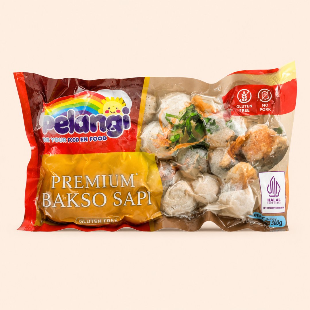 Cover produk Pelangi Premium Bakso Sapi Gluten Free 300g dengan latar krem