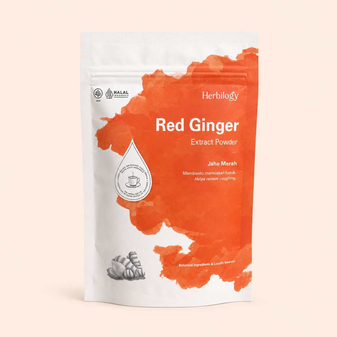 Cover produk Herbilogy Red Ginger Extract Powder 100g dengan latar krem