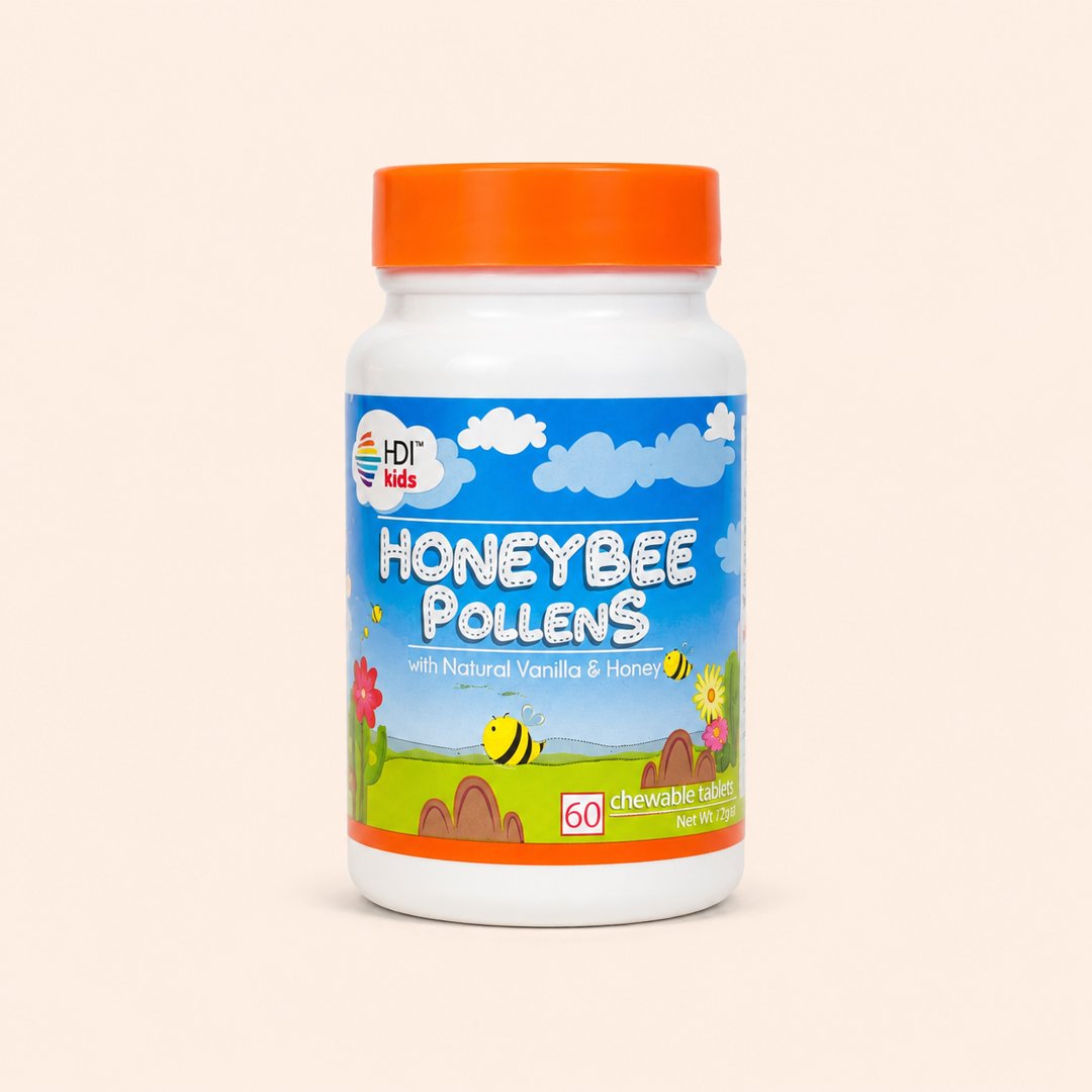 Cover produk HDI Kids Honeybee Pollens - Suplemen Kunyah Imun Anak dengan latar krem