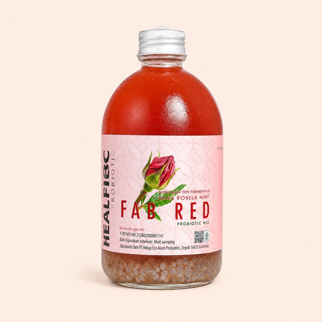 Cover produk Heal Probiotic Kombucha Fab Red - Rosella Mint & Selasih 370ml dengan latar krem